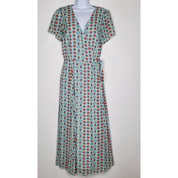 eShakti Women Colorful Owl Wrap Maxi Dress Size L Short Sleeve V Neck Whimsy - Picture 1 of 10